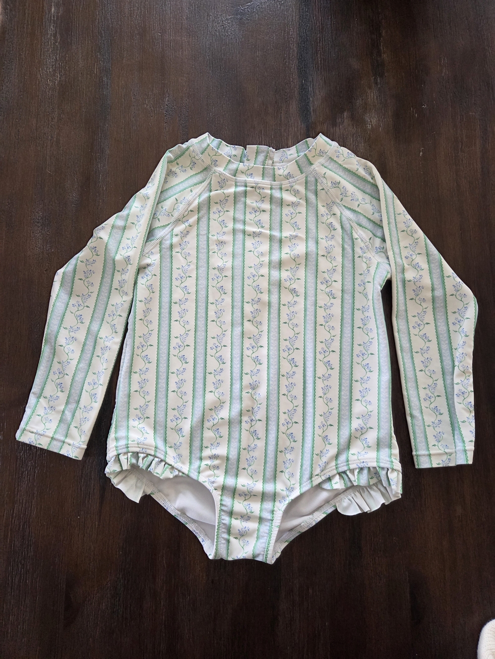 Girls Long-Sleeve Floral Stripe One-Piece Swimsuit - Mint & White